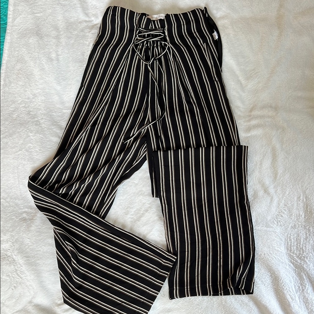 Bishop + Young Black and Cream Striped Trousers